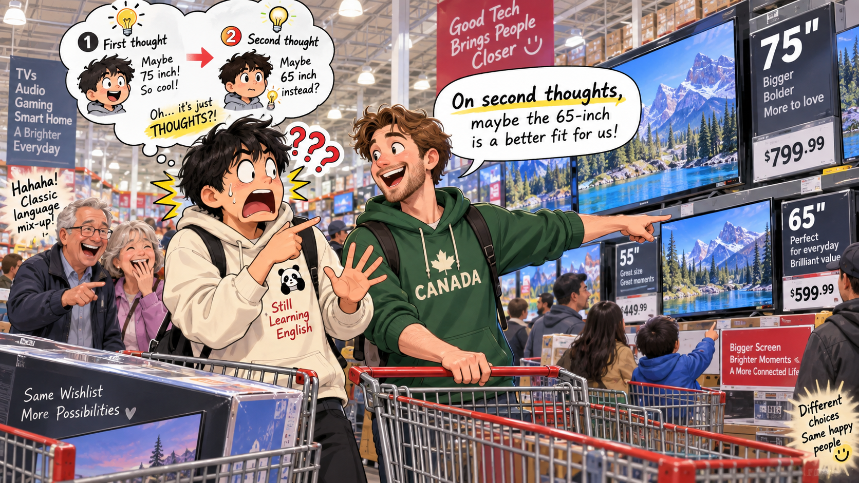 美剧学英语：on second thoughts - 加拿大Costco买电视，朋友说“on second thoughts”，我认真问：那第一个想法呢？