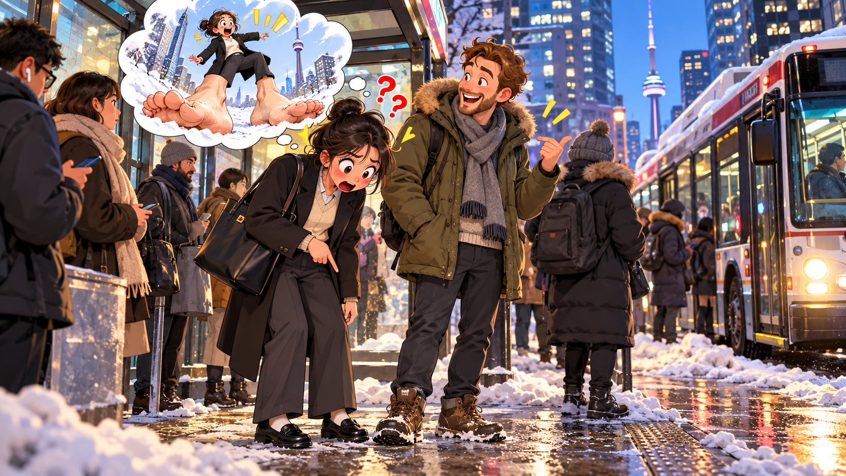 美剧说英语:on the leg - 加拿大公交站,同事说“on foot”,我低头看了看自己的脚……
