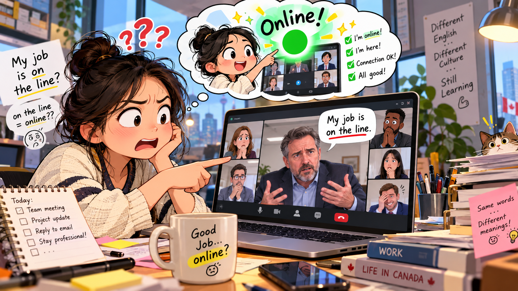美剧学英语：on the line - 加拿大老板说“My job is on the line”，我赶紧看了一眼Teams：我明明在线啊……
