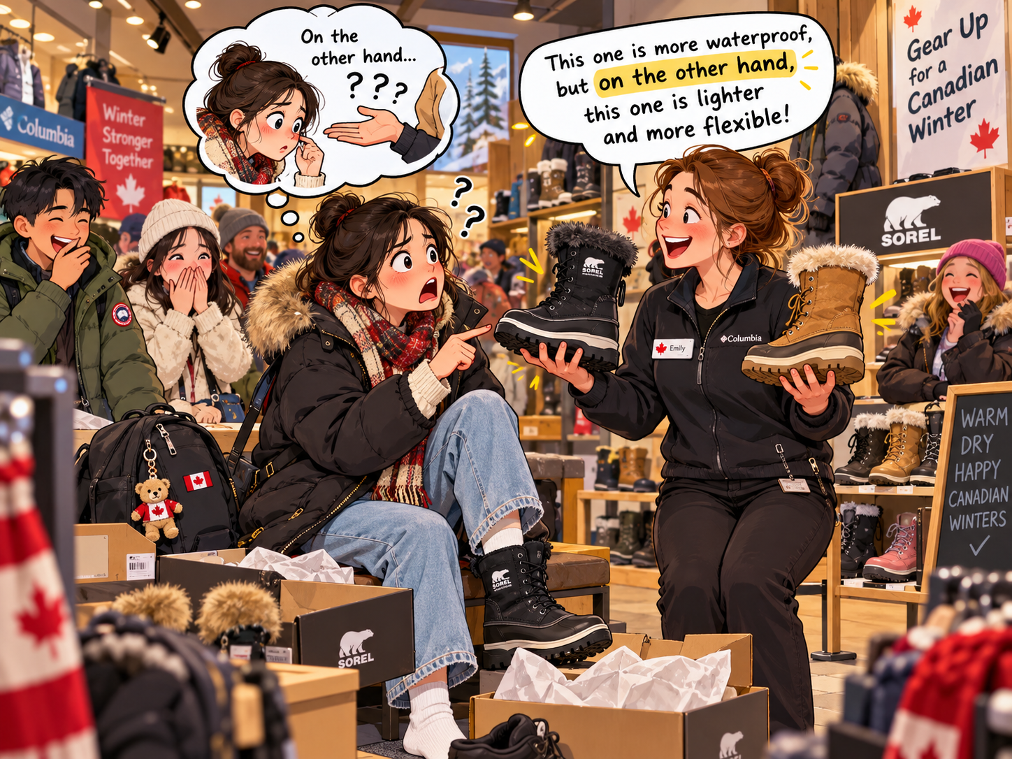 美剧说英语:on the other hand - 加拿大买冬靴时,店员说“on the other hand”,我真的看了看他的另一只手……