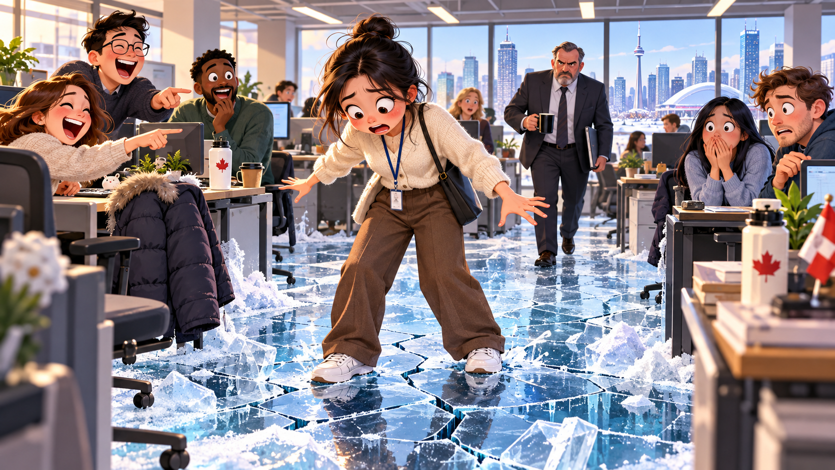 美剧学英语:on the thin ice - 加拿大办公室里,同事说我“on thin ice”,我低头看了看地板……