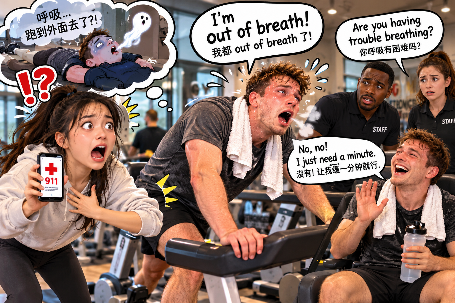 美剧说英语:out of breath - 加拿大健身房,同事说“out of breath”,我差点帮他叫救护车……