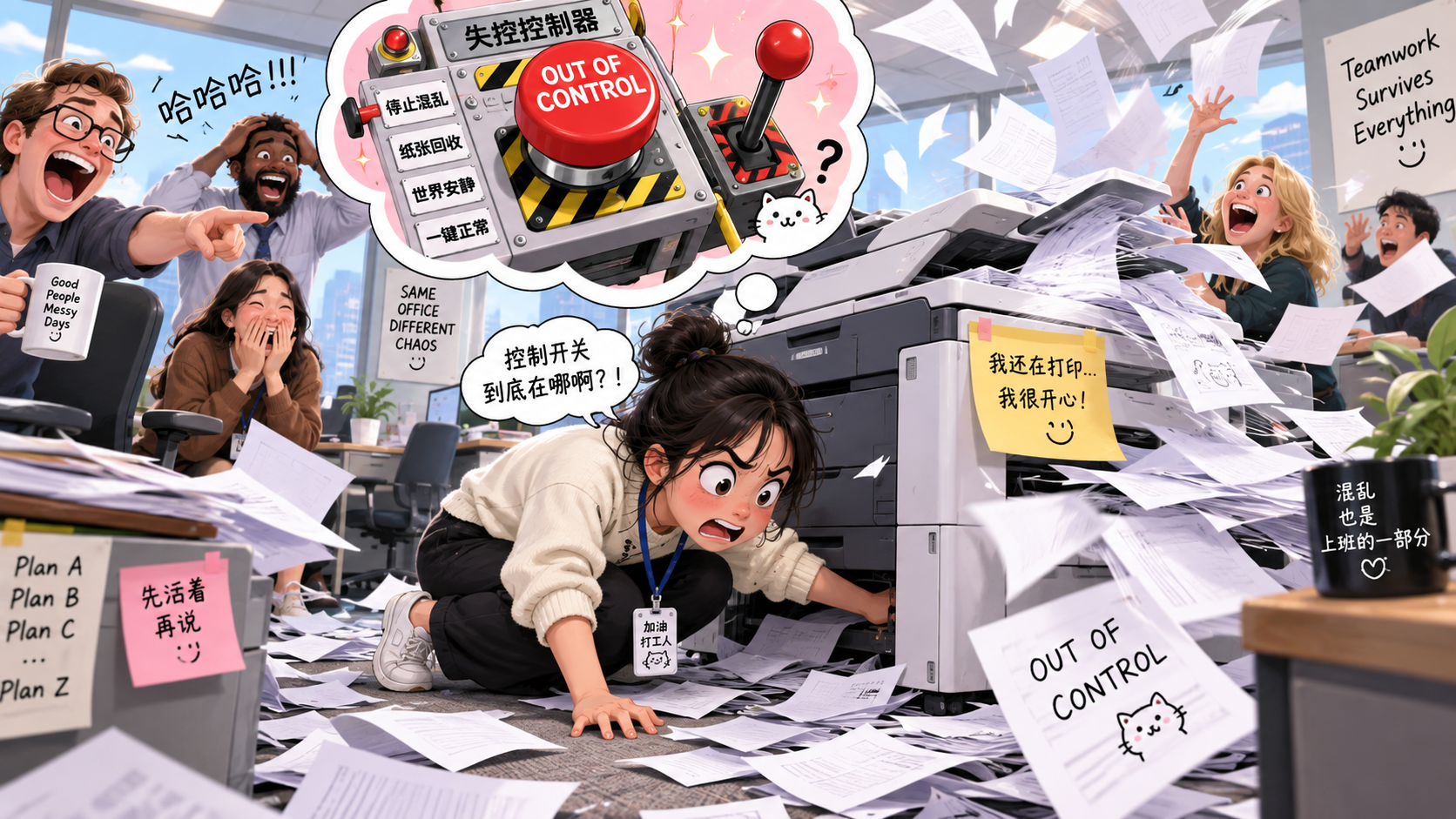 美剧学英语:out of control - 加拿大办公室打印机突然“out of control”,我蹲下开始找控制按钮……