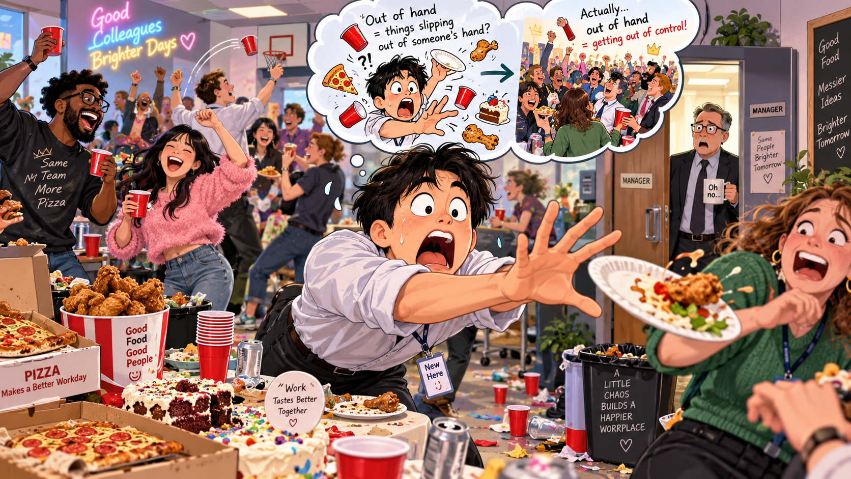 美剧学英语:out of hand - 加拿大办公室聚餐,同事说“out of hand”,我赶紧看谁把东西掉了