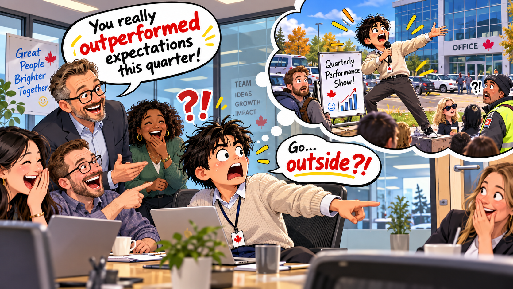 美剧学英语：outperform - 加拿大办公室里，同事说我“outperform”，我还以为他让我去外面表现