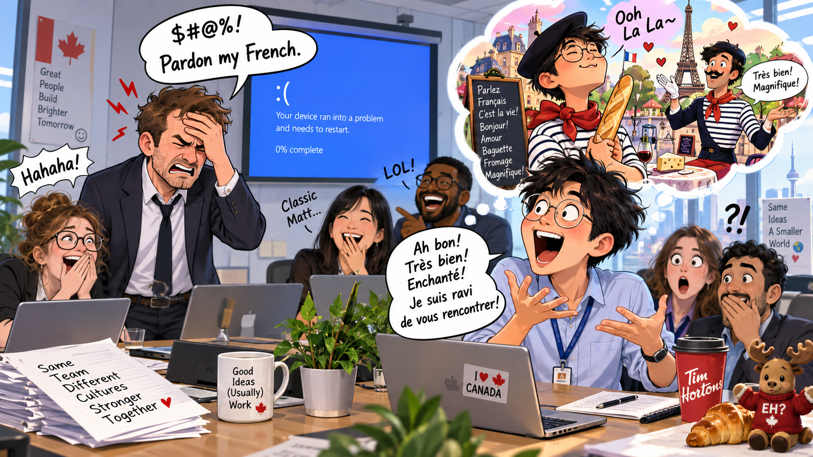 美剧学英语:pardon my French - 加拿大办公室里,同事说“pardon my French”,我居然用法语回了他……