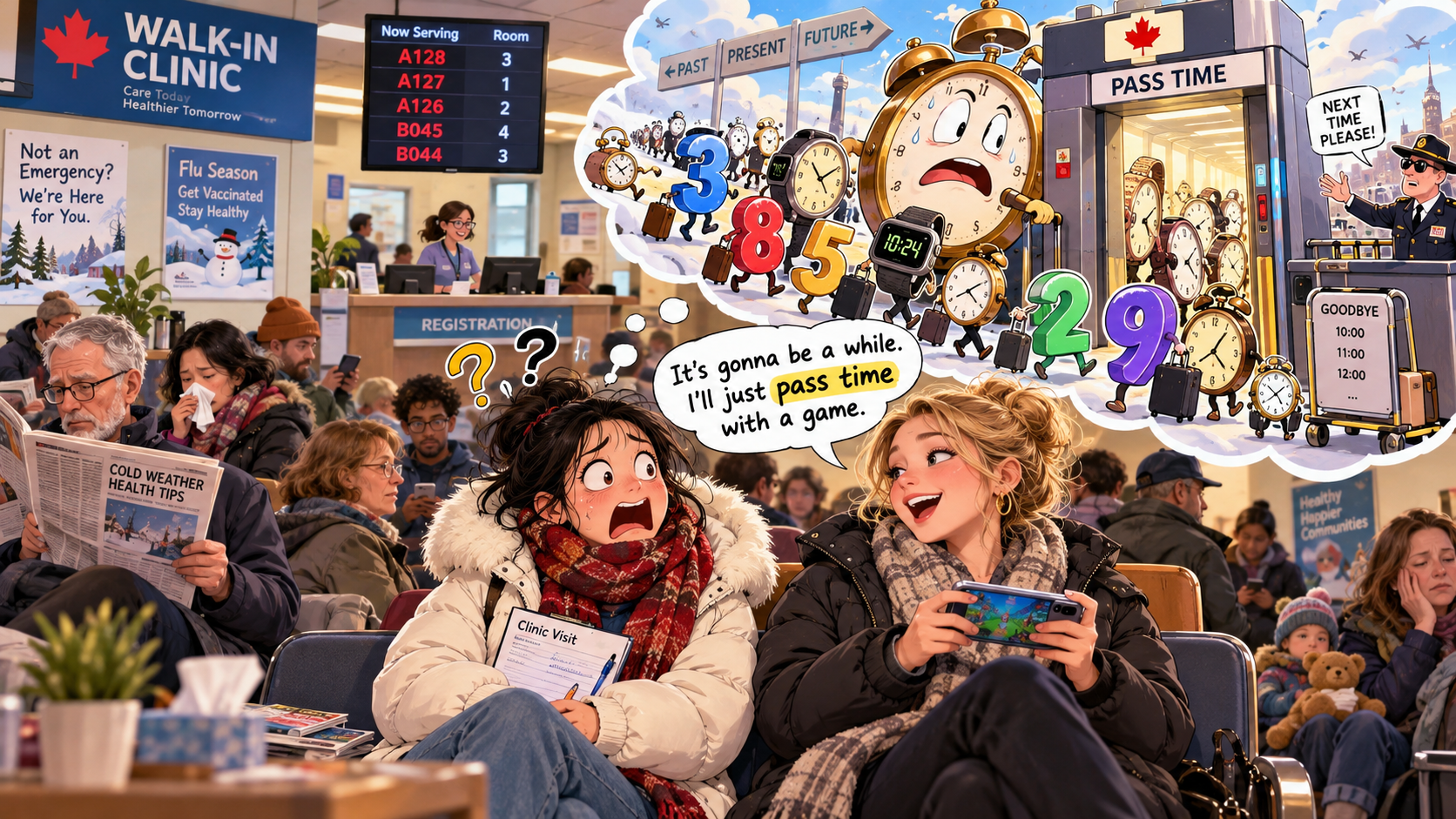 美剧说英语:pass time - 加拿大诊所等医生,同事说“pass time”,我差点问:时间从哪儿通过?