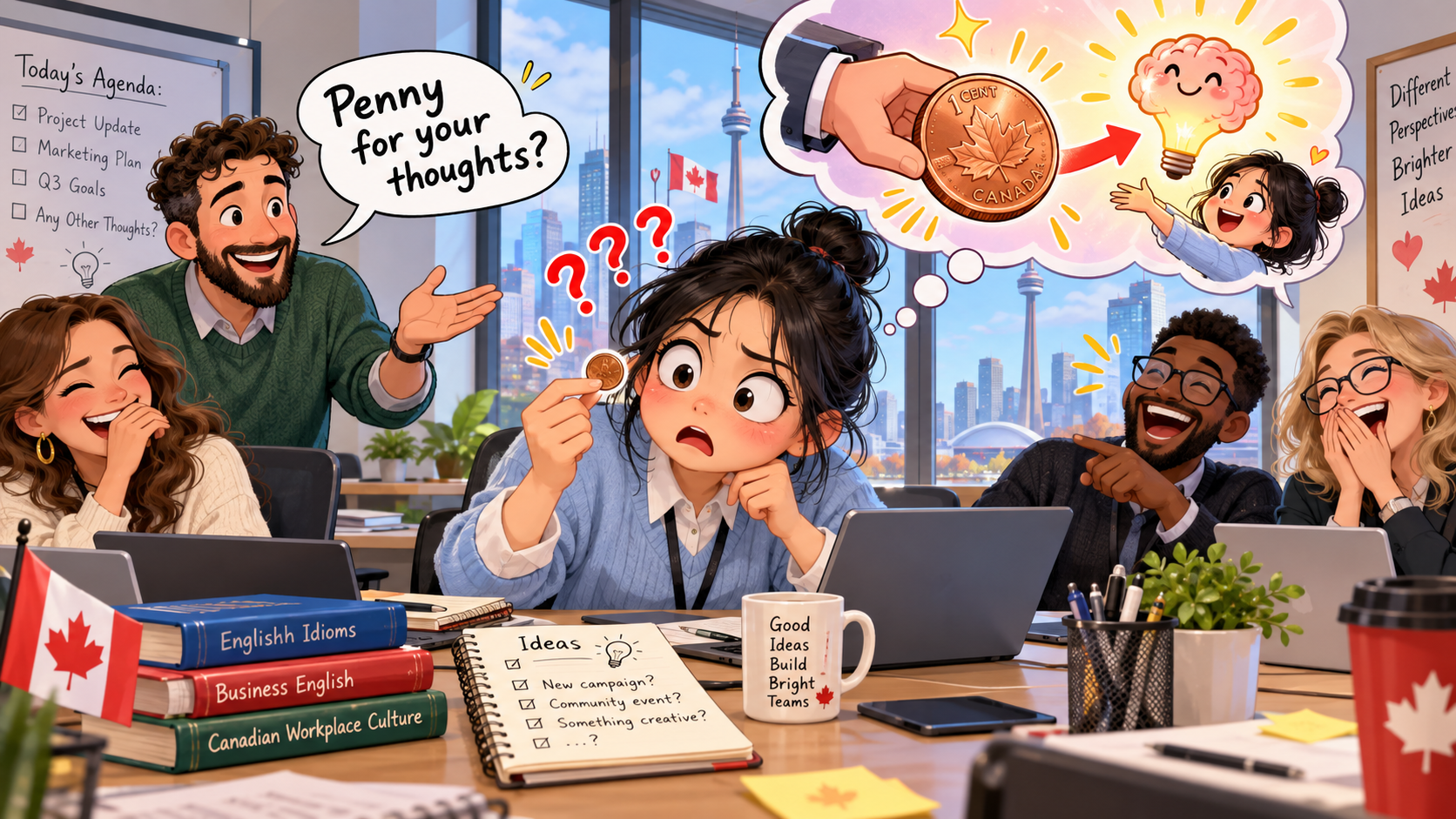 美剧学英语：penny for your thoughts - 加拿大办公室开会，同事说“penny for your thoughts”，我居然开始找一分钱……