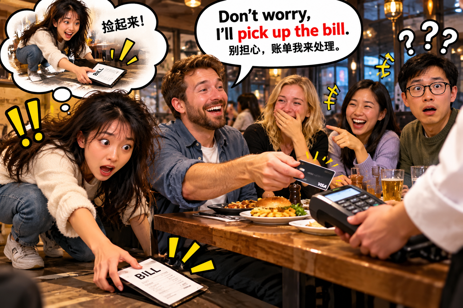 美剧说英语:pick up the bill - 加拿大同事说“pick up the bill”,我真把账单从地上捡起来了……
