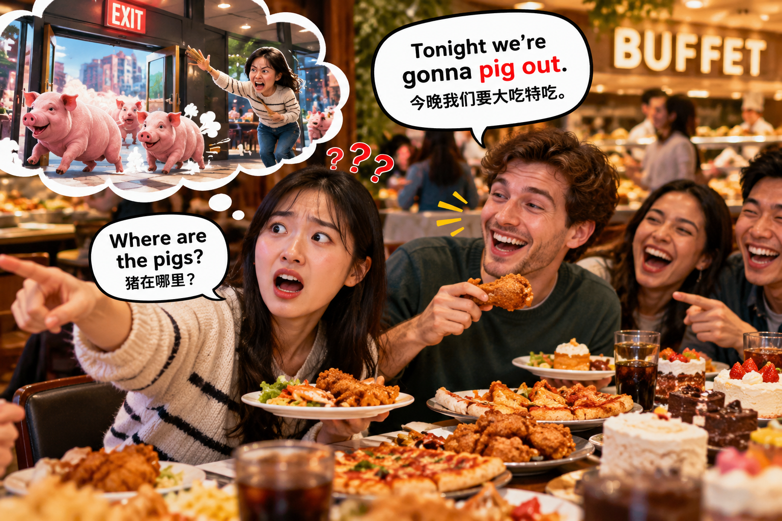 美剧学英语：pig out - 加拿大自助餐，同事说“pig out”，我差点去找猪