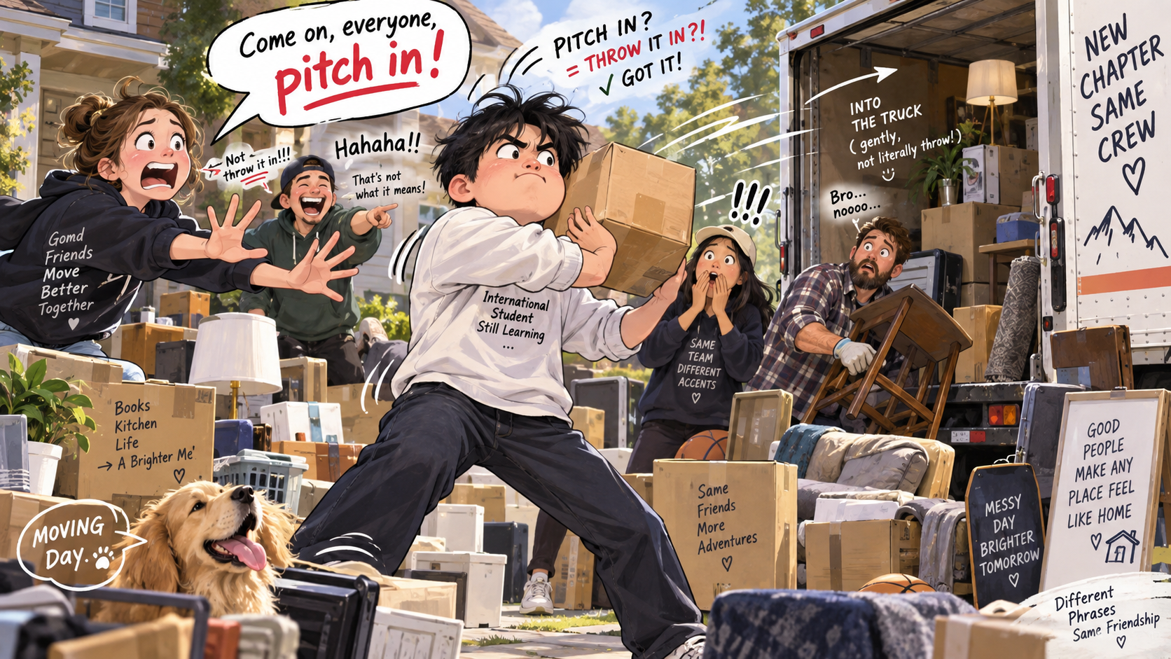 美剧学英语：pitch in - 加拿大搬家时朋友说“pitch in”，我差点把纸箱扔进卡车里……