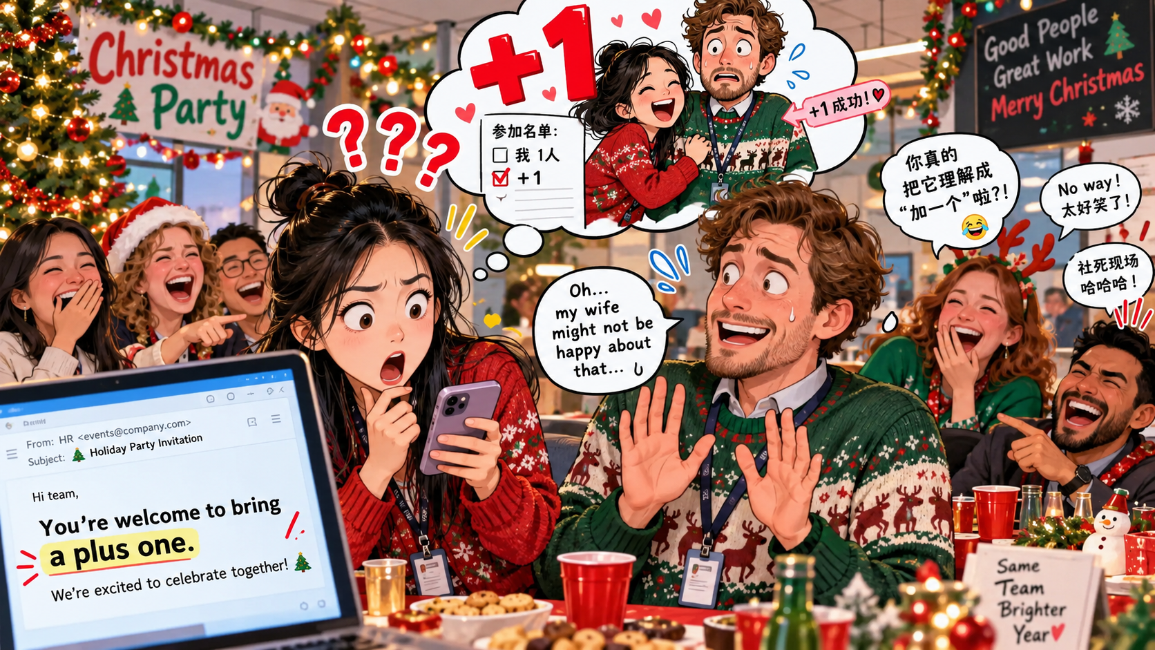 美剧说英语:plus one - 加拿大公司年会说“bring a plus one”,我还以为让我多带一份……