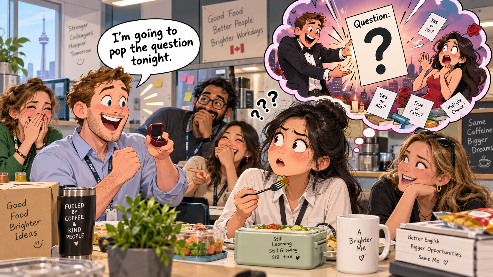美剧学英语：pop the question - 加拿大办公室午休，同事说他今晚要“pop the question”，我还认真帮他准备答案……
