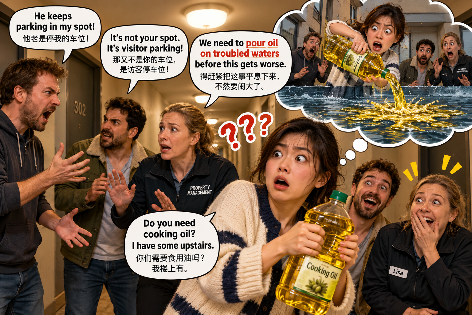 美剧学英语：pour oil on troubled waters - 加拿大公寓邻居吵架，我听见“pour oil on troubled waters”，差点真去厨房拿油……