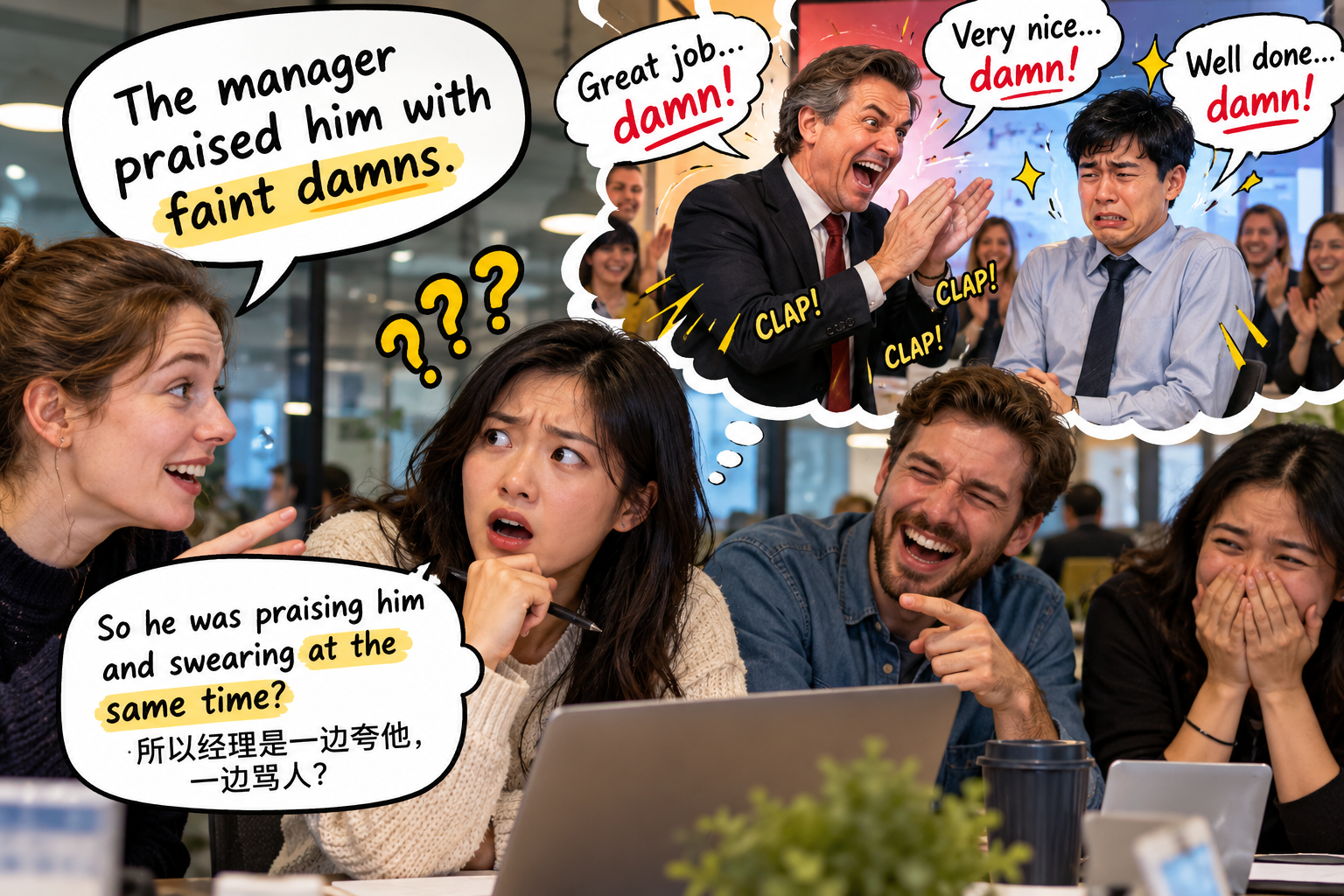 美剧学英语：praise with faint damns - 加拿大同事说“praise with faint damns”，我还以为这是边骂边夸……