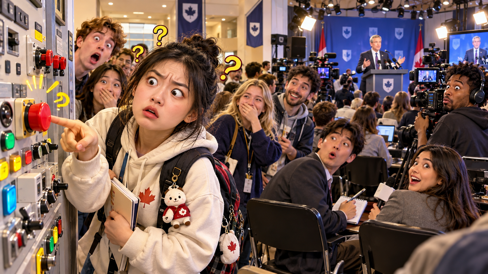 美剧说英语:press conference - 加拿大校园活动现场,同学说有个“press conference”,我开始找哪里可以按……