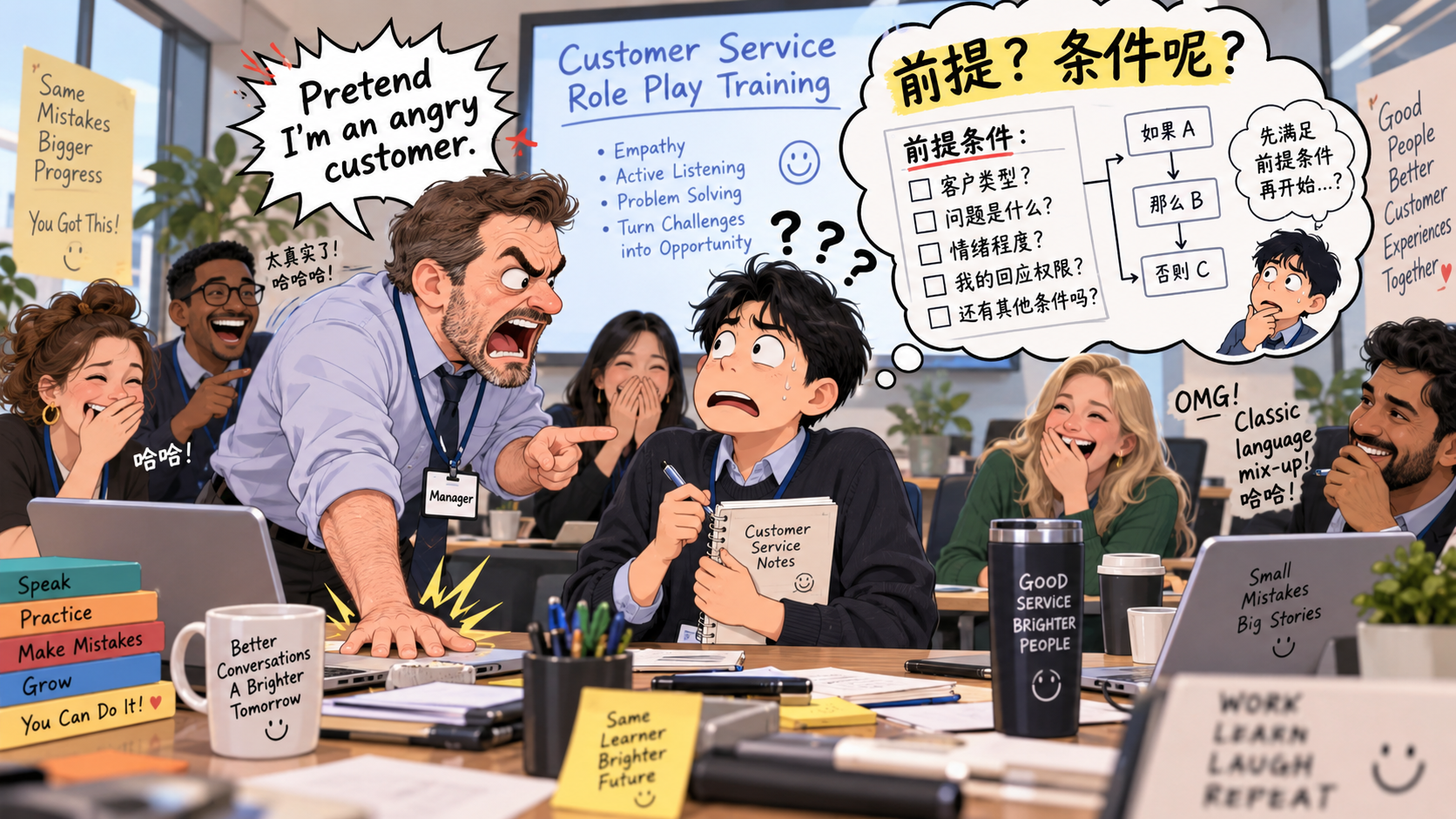 美剧学英语：pretend - 加拿大公司培训，经理让我pretend他是暴怒客户，我却一直等“前提条件”