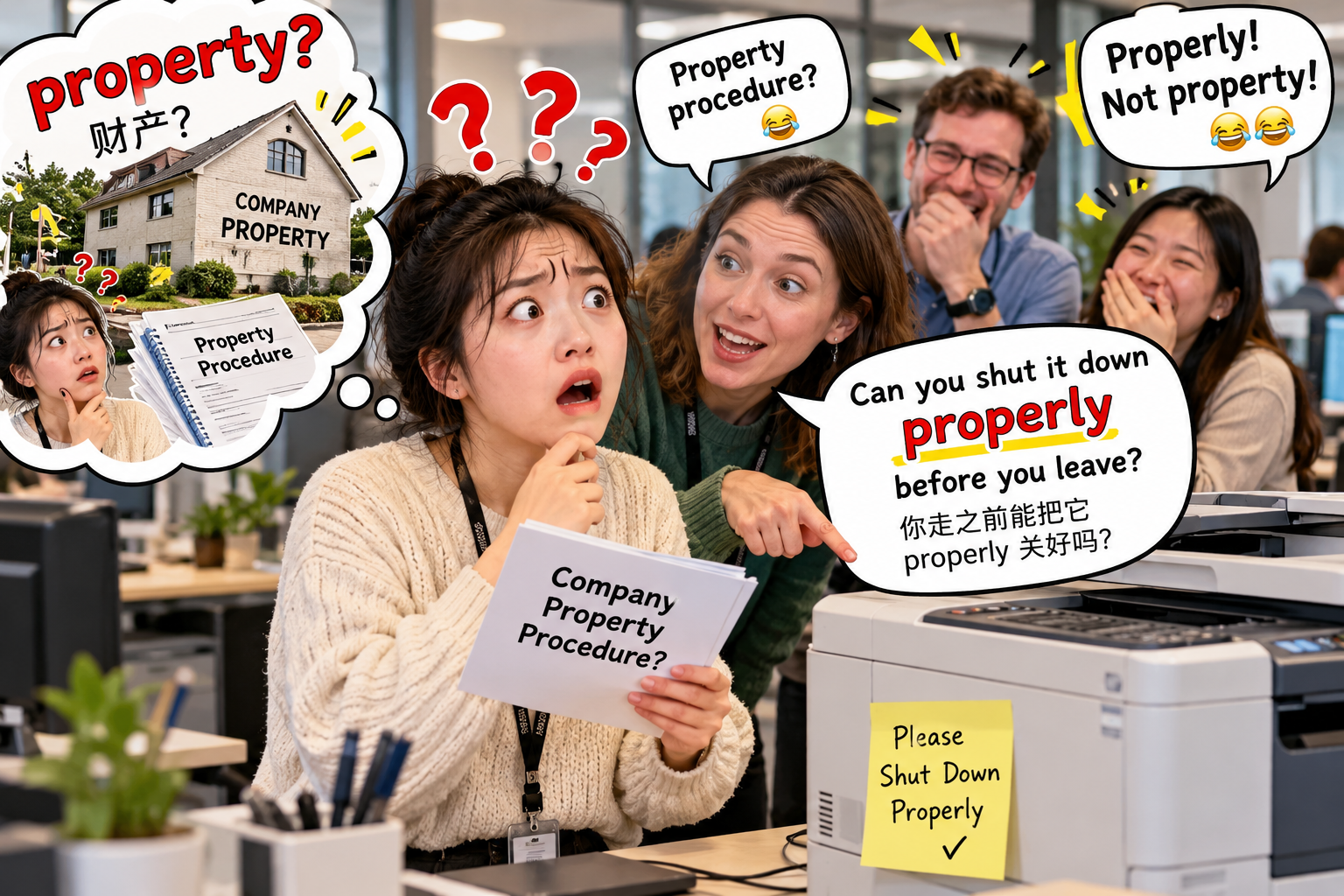 美剧学英语:properly - 加拿大办公室里,同事让我把打印机“properly”关好,我却开始找“property”……