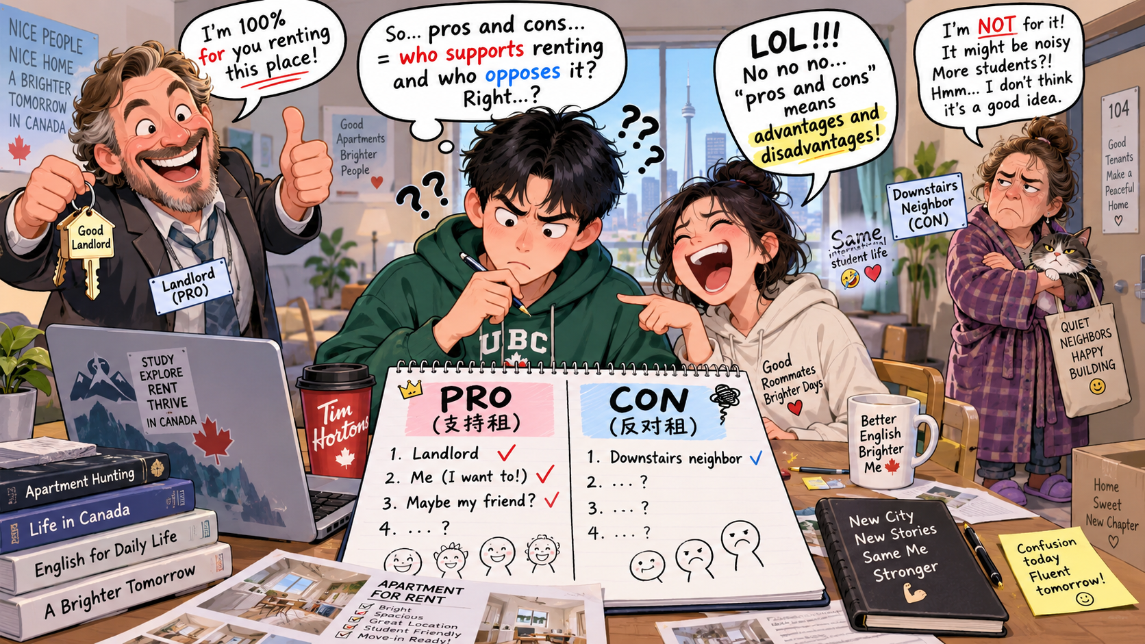 美剧学英语:pros and cons - 加拿大租房看公寓时,室友说“pros and cons”,我开始统计谁赞成、谁反对……