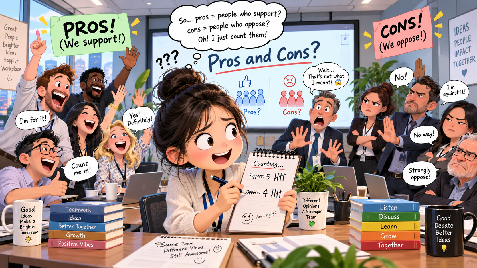 美剧学英语：pros and cons - 加拿大办公室开会，同事让我列“pros and cons”，我转头开始统计谁赞成谁反对……