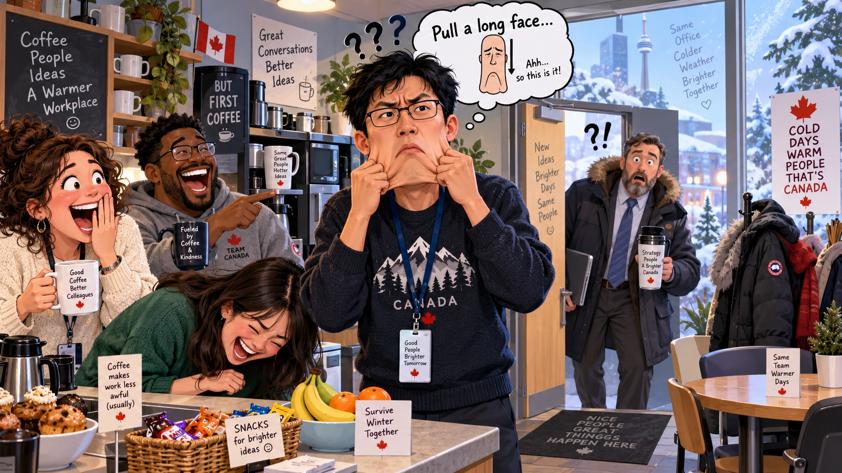 美剧学英语:pull long face - 加拿大办公室茶水间,同事让我“pull a long face”,我真的开始拉脸了……