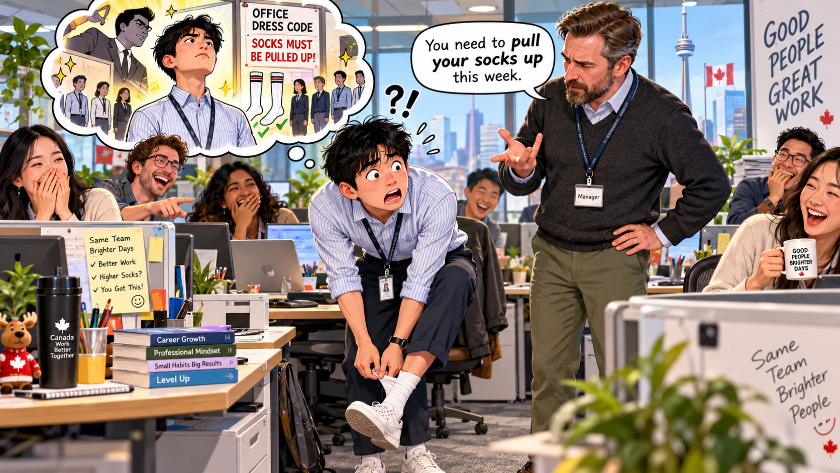 美剧学英语:pull one's socks up - 加拿大办公室里,经理让我“pull your socks up”,我低头看了看自己的袜子……