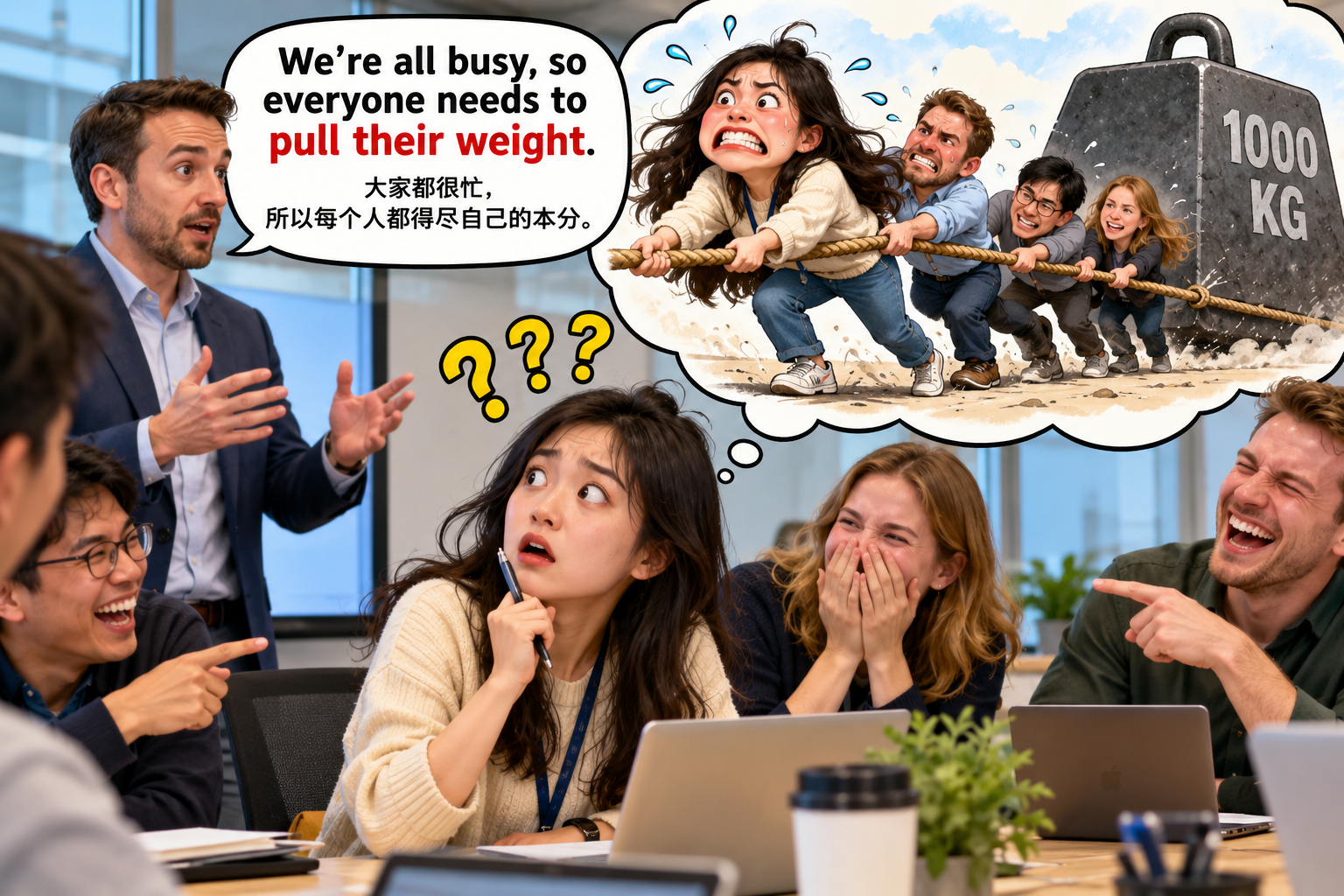 美剧学英语：pull one's weight - 加拿大办公室里，同事说“pull your weight”，我差点问他体重多少