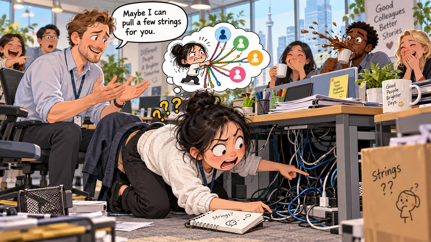 美剧学英语：pull unspotted strings - 加拿大办公室内推：同事说要“pull a few strings”，我低头开始找线……