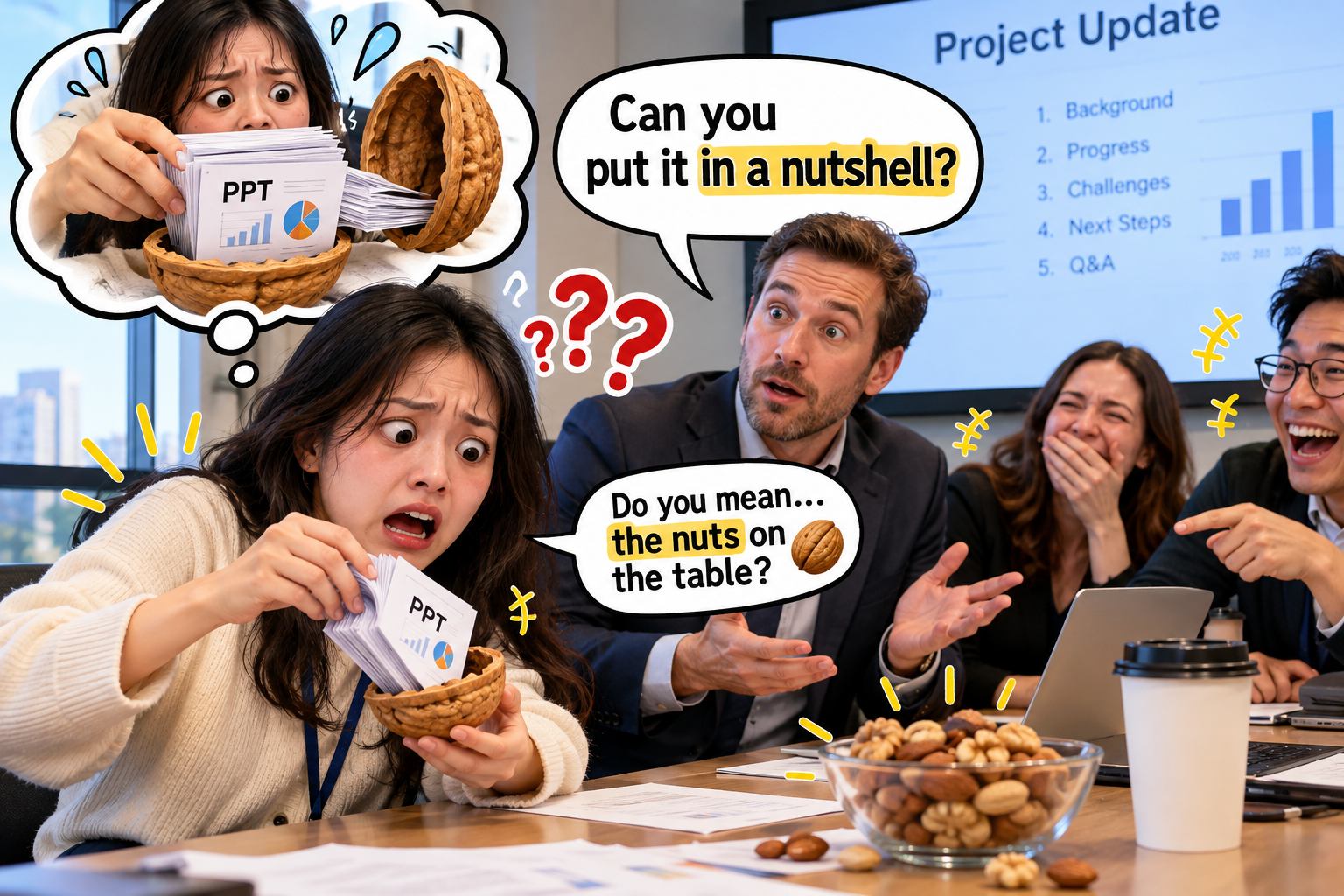 美剧说英语：put in a nutshell - 加拿大办公室开会，老板让我把方案放进坚果壳里，我差点去厨房找核桃……
