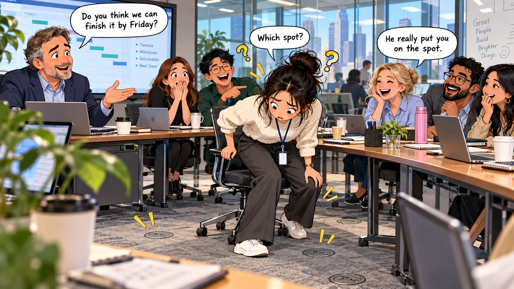 美剧学英语：put someone on the spot - 加拿大办公室开会，同事说我把经理“放到点上”了……