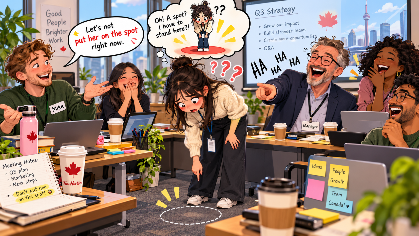 美剧说英语：put someone on the spot - 加拿大办公室开会，同事说我把他“放在点上”了，我还低头找那个点
