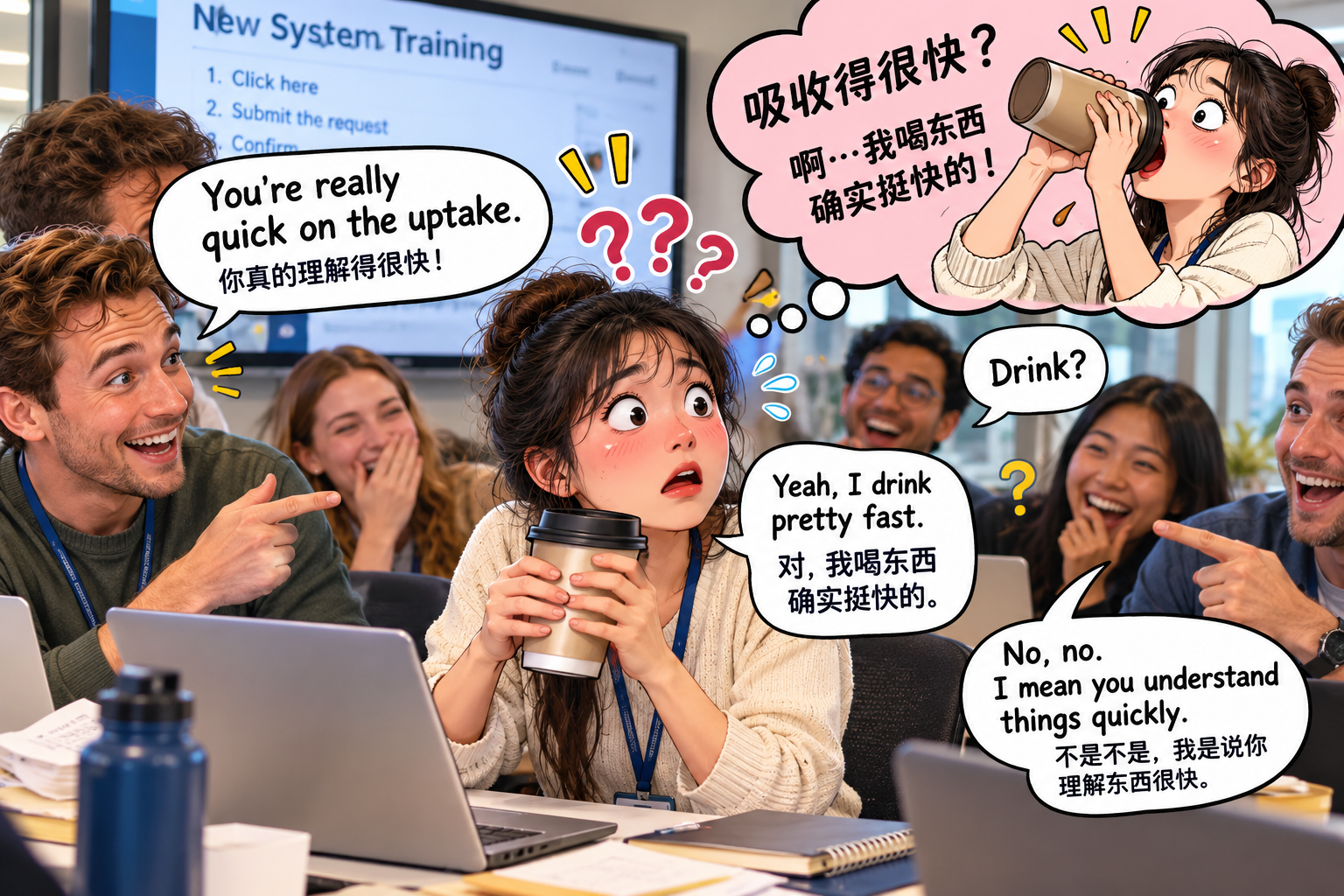 美剧学英语:quick on the uptake - 加拿大公司培训时,同事夸我“quick on the uptake”,我默默把水杯放下了……