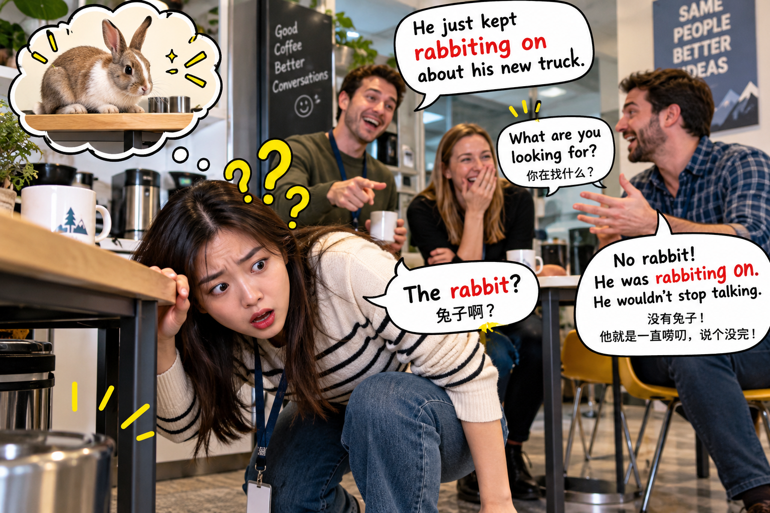 美剧说英语:rabbit on - 加拿大同事说“rabbit on”,我低头找了半天兔子……