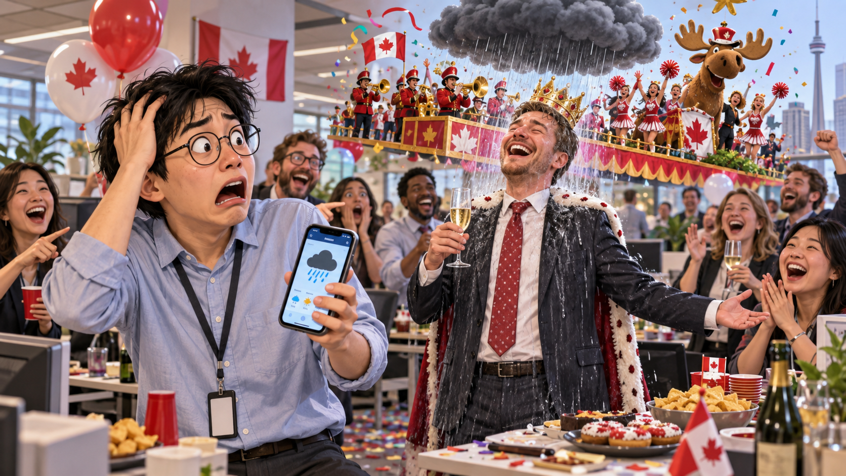美剧学英语：rain on someone's parade - 加拿大办公室同事升职庆祝，他说“别在我的游行上下雨”，我真的打开了天气预报……