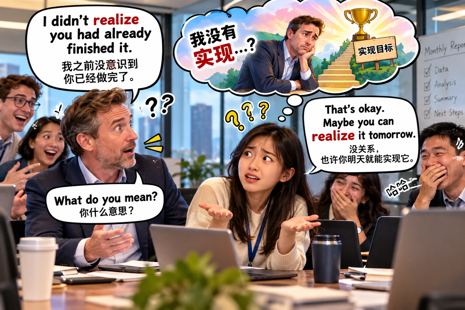 美剧说英语:realize - 加拿大办公室里,经理说“I didn’t realize…”我竟然安慰他:明天一定能实现