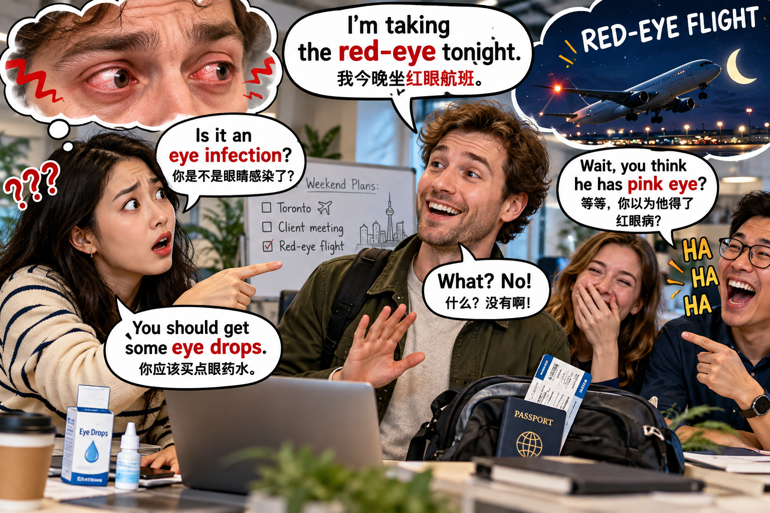 美剧说英语:red eye - 加拿大同事说要坐“red eye”去多伦多,我差点推荐他去看眼科……