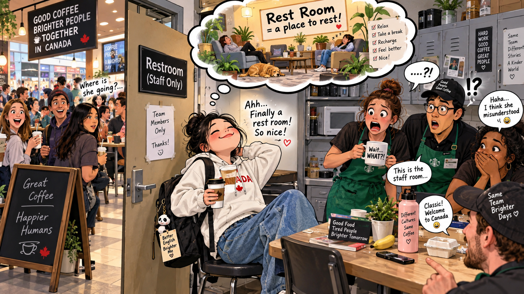 美剧学英语：rest room - 加拿大咖啡店店员让我去“rest room”，我真的进去休息了……