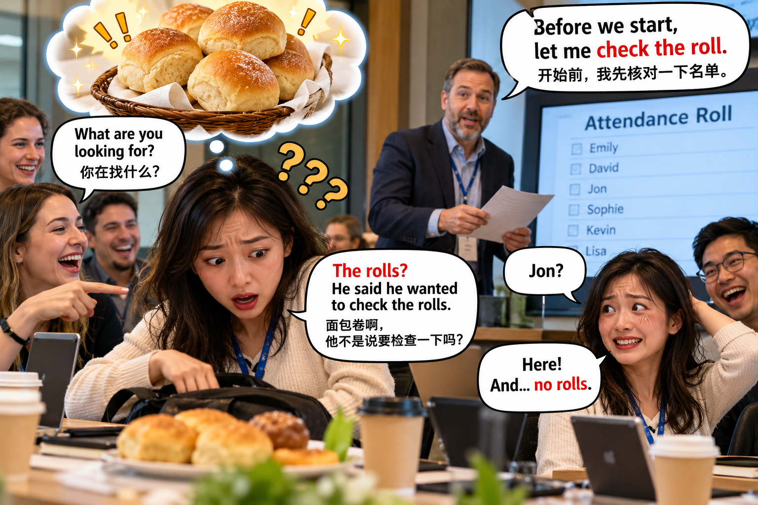 美剧学英语:roll - 加拿大公司开会点名,经理说“check the roll”,我低头找起了面包卷……