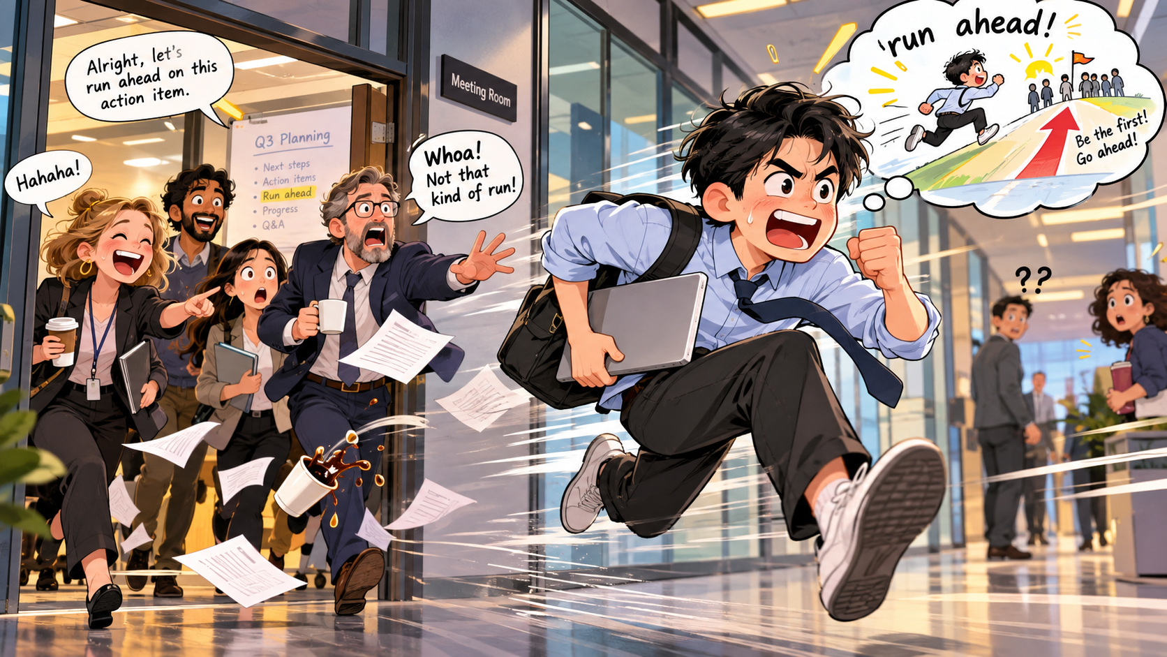 美剧学英语:run ahead - 加拿大办公室里,同事说“run ahead”,我真的先跑出会议室了……