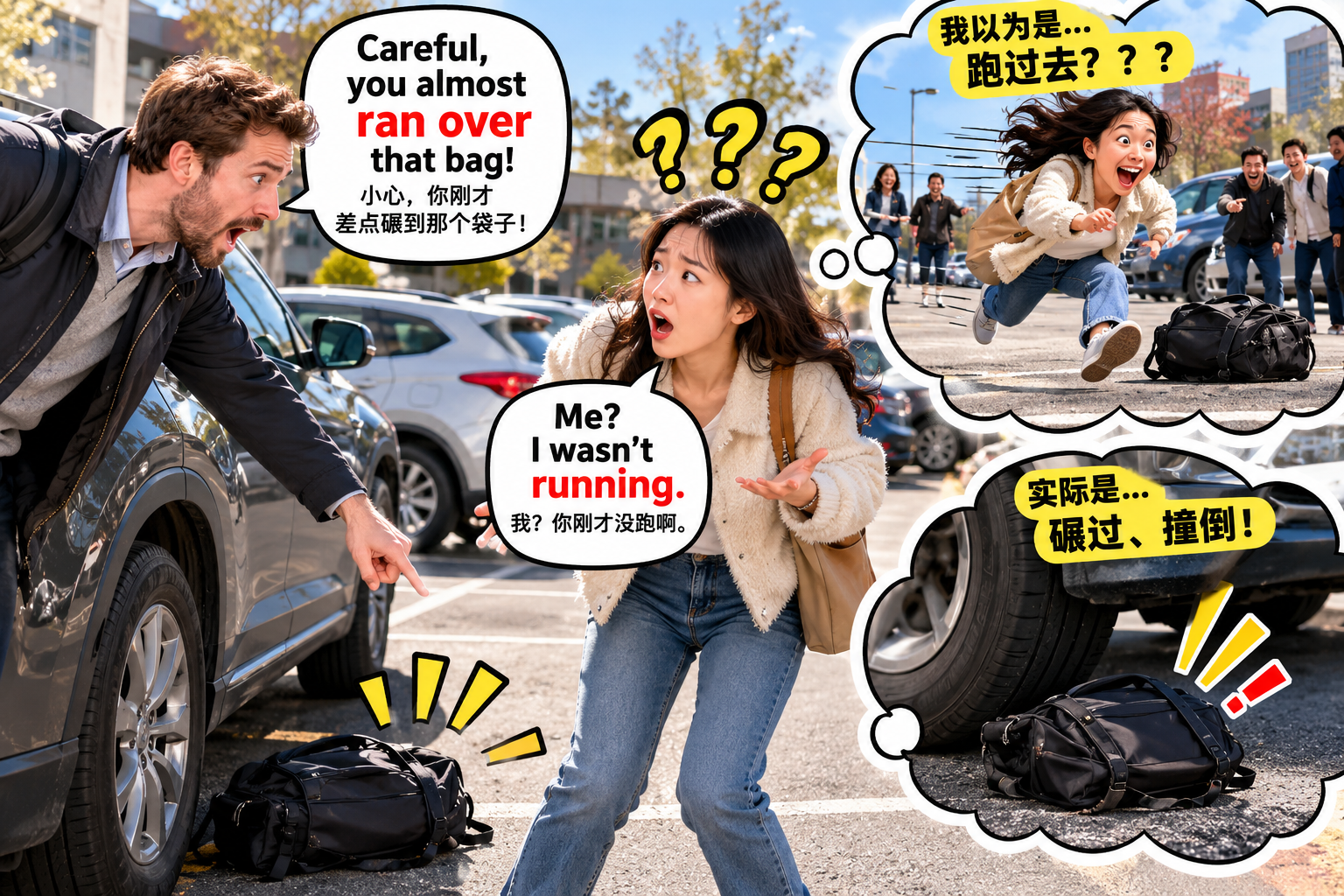 美剧学英语:run over - 加拿大停车场,同事说“run over”,我还以为他要跑过去……