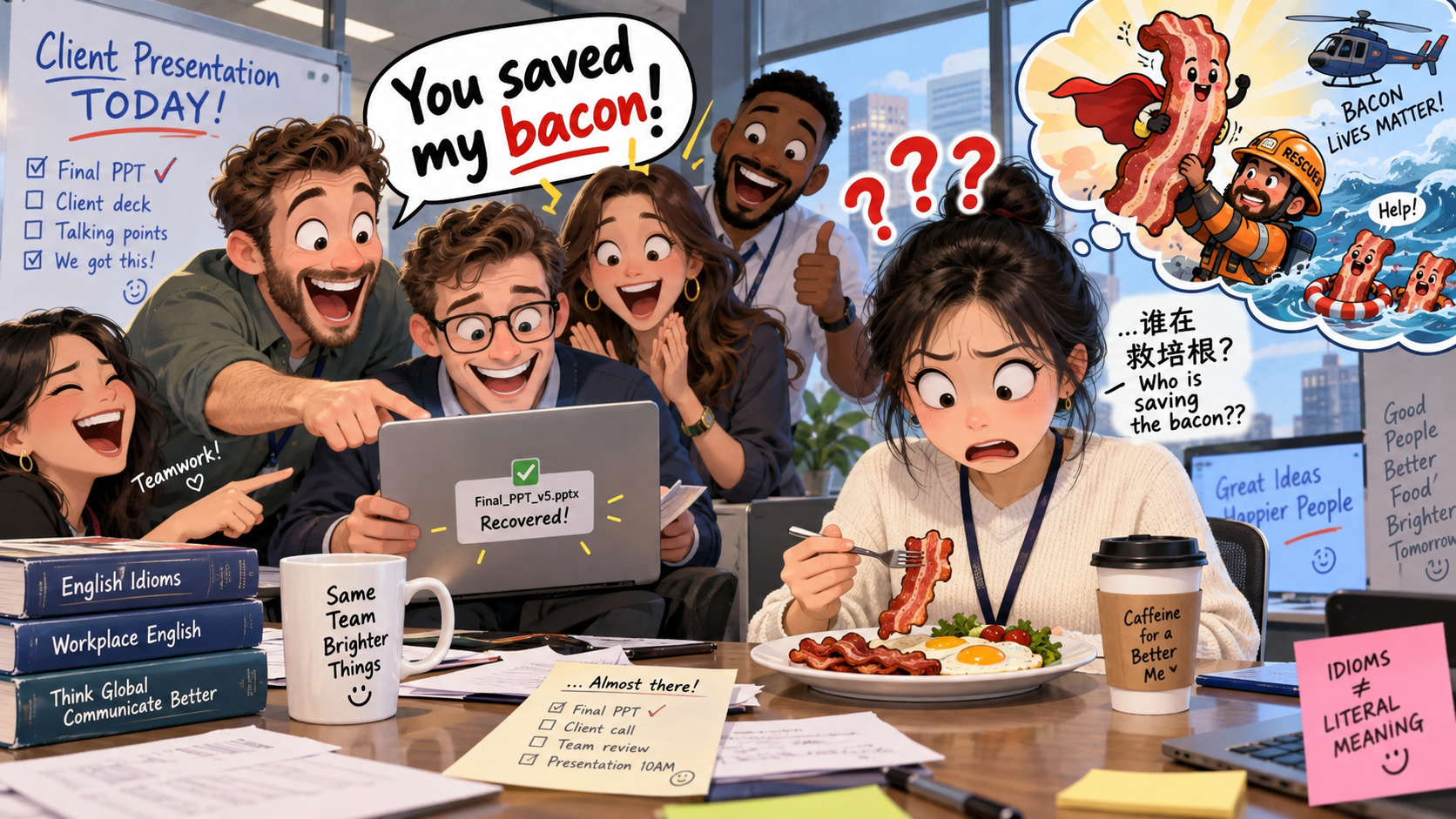 美剧学英语：save one's bacon - 加拿大办公室晨会，同事说“You saved my bacon”，我下意识看了一眼他的早餐……