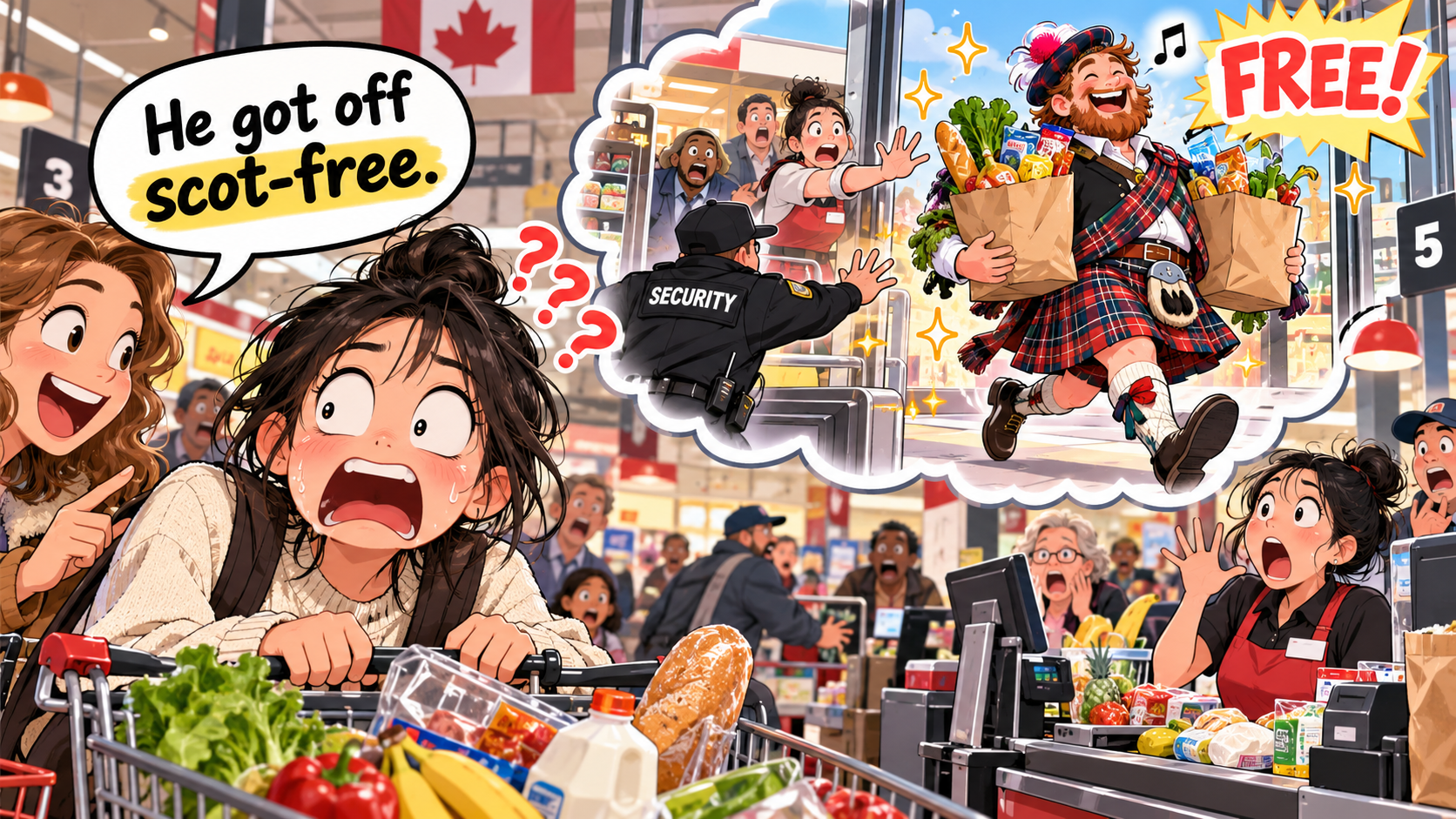 美剧学英语:scot-free - 加拿大超市保安说他“got off scot-free”,我还以为苏格兰今天免费……