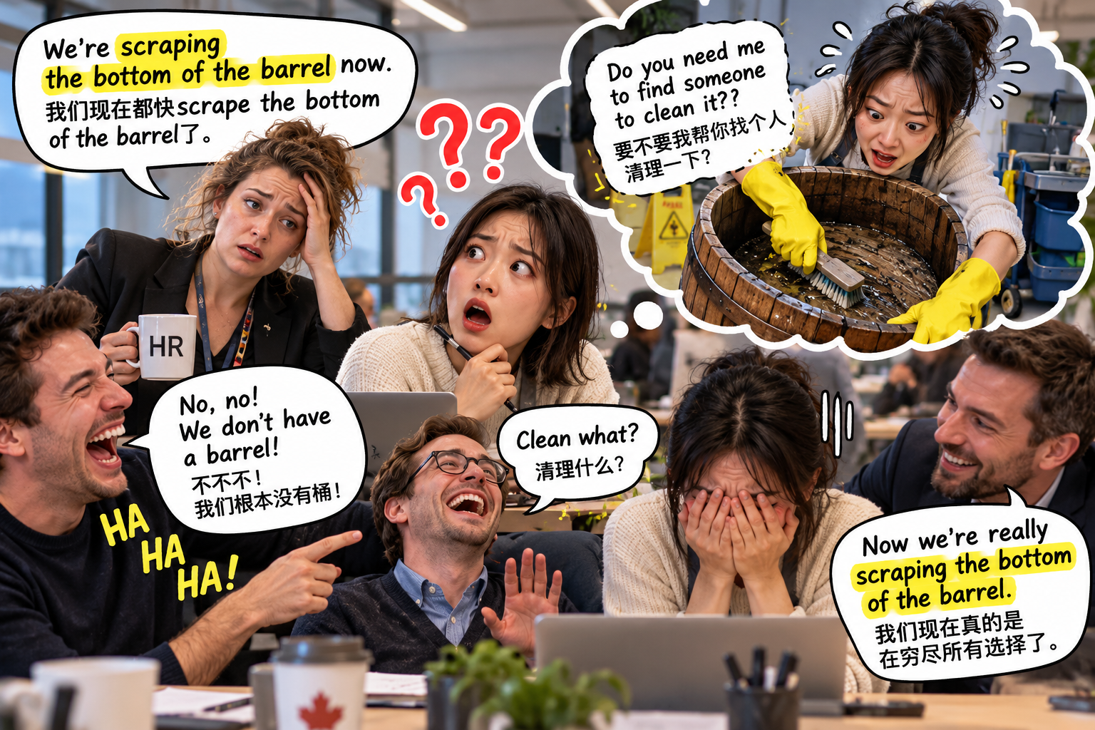 美剧说英语:scrape the bottom of the barrel - 加拿大办公室招人,同事说要“刮桶底”,我差点跑去找清洁工……
