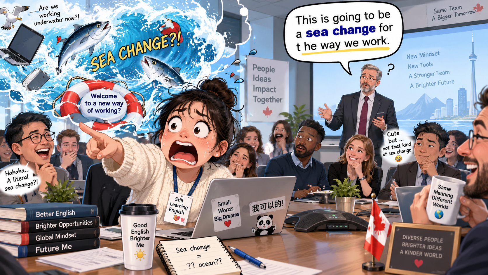 美剧学英语:sea change - 加拿大办公室全员会,老板说“sea change”,我开始担心公司是不是要被淹了