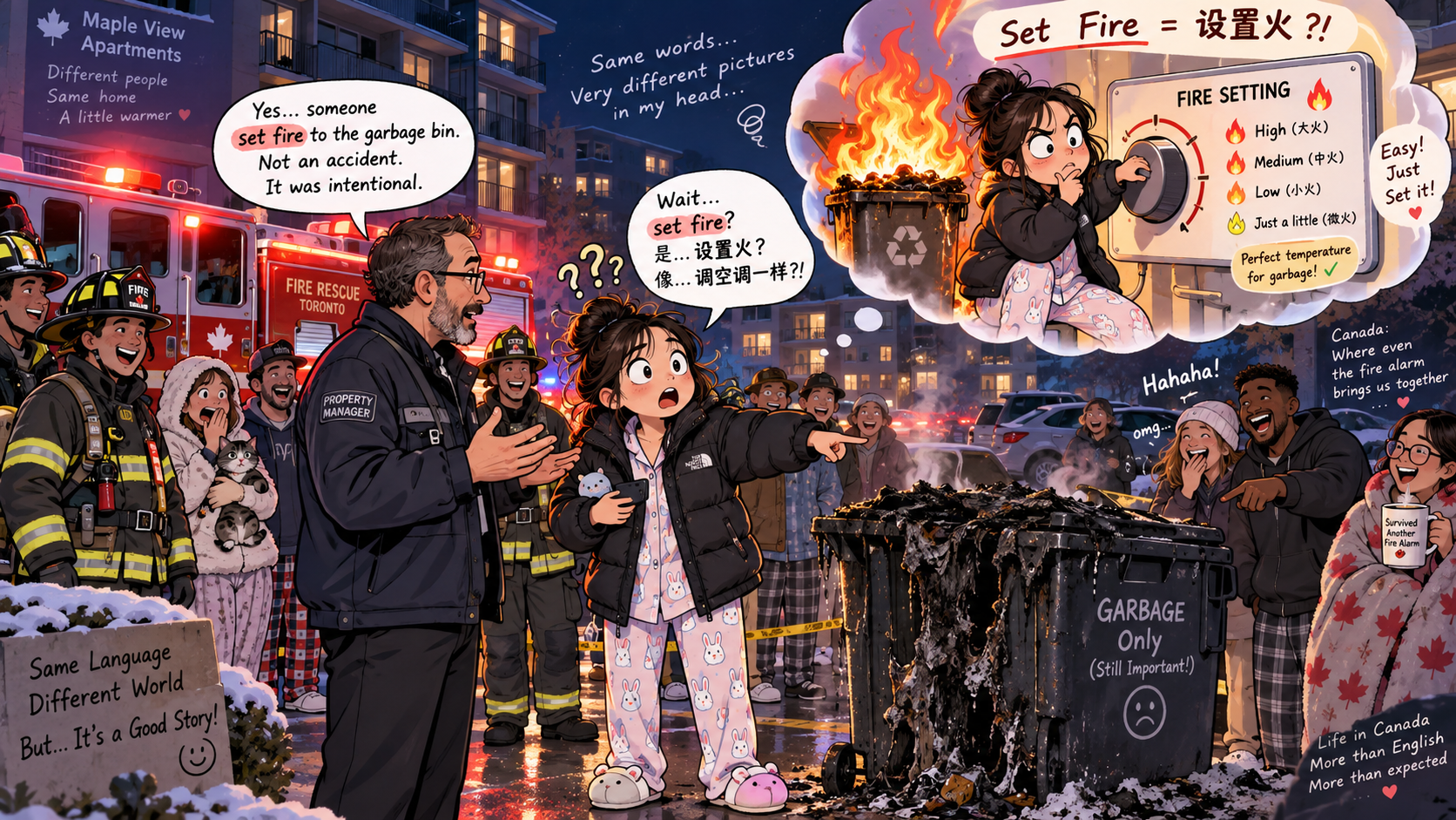 美剧学英语：set fire - 加拿大公寓凌晨火警，管理员说有人“set fire”，我还问：火设置成多少度？