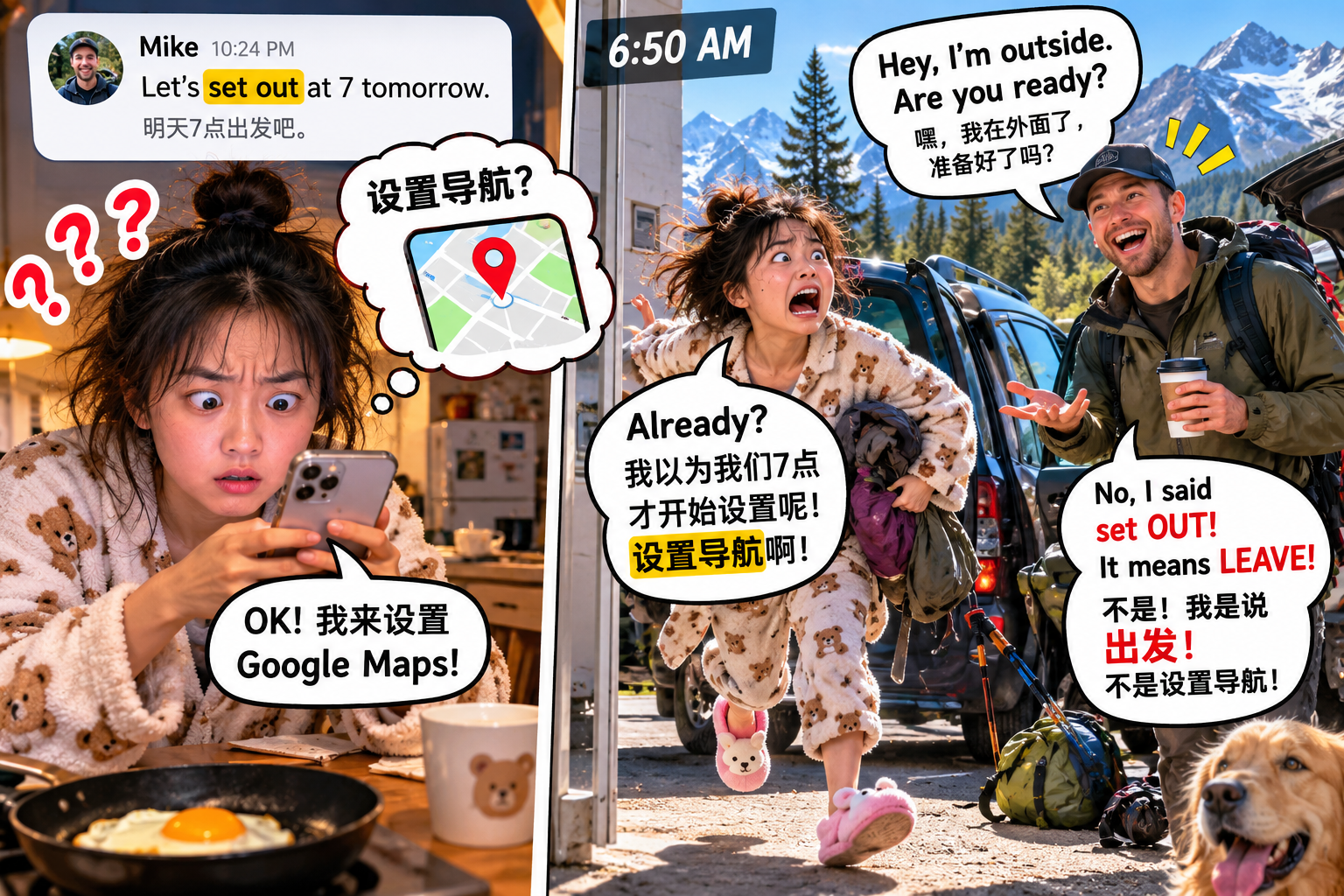 美剧说英语：set out - 加拿大同事说“set out at 7”，我竟然以为他让我设置导航……