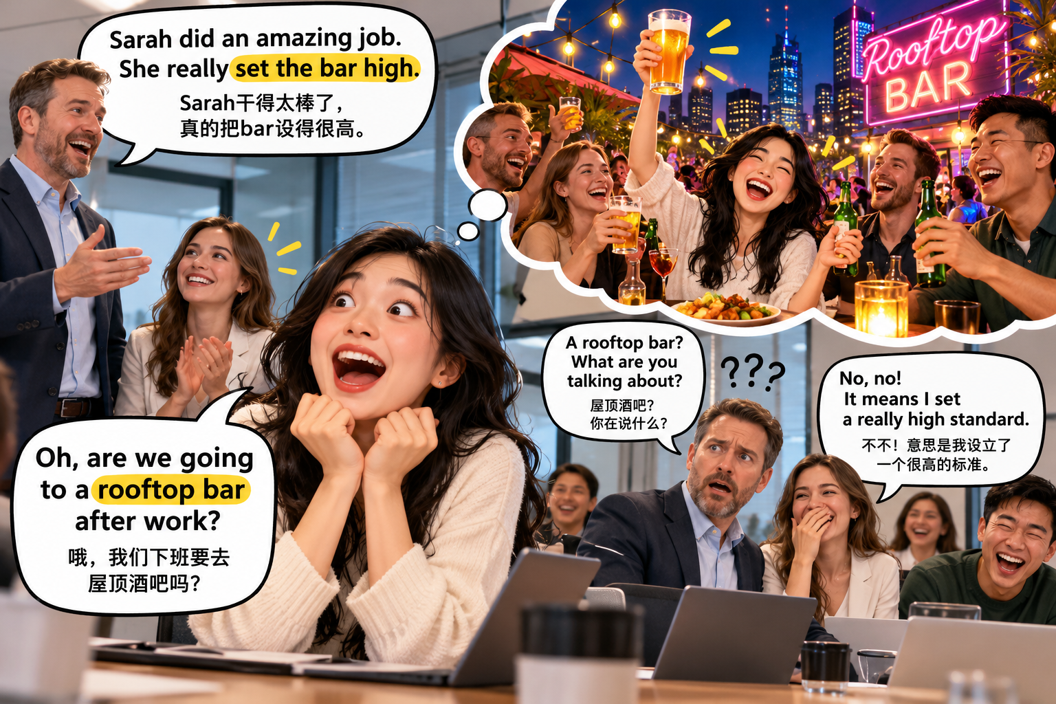 美剧说英语：set the bar high - 加拿大公司开会，经理说“set the bar high”，我以为要去酒吧庆祝……