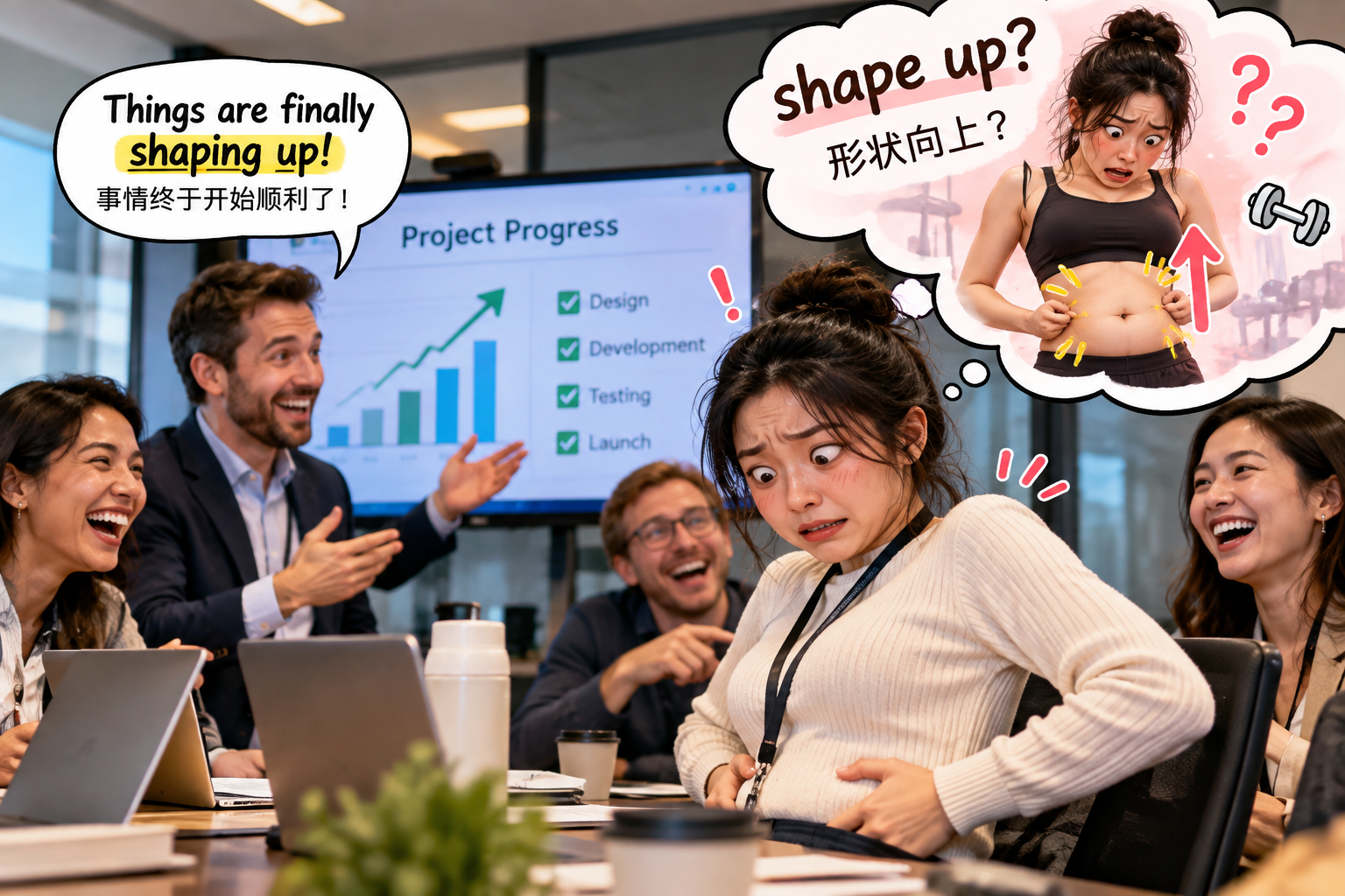 美剧学英语:shape up - 加拿大办公室里,同事说“shape up”,我低头看了看自己的肚子……