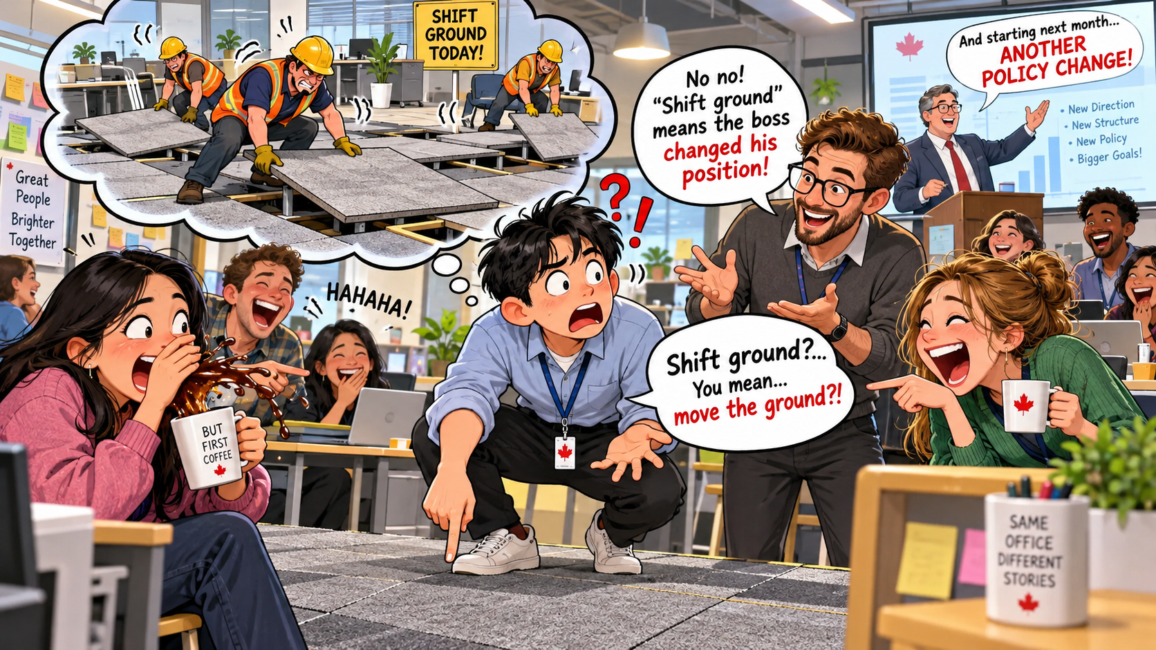 美剧说英语：shift ground - 加拿大办公室开会，同事说“shift ground”，我差点叫人来搬地板……
