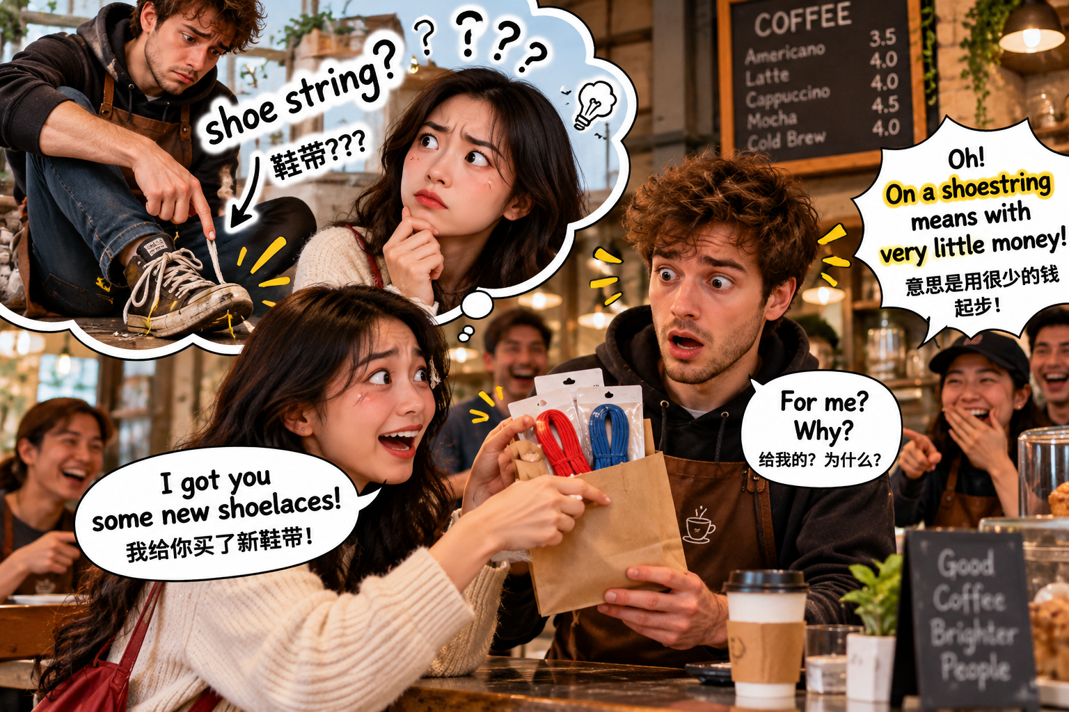 美剧说英语:shoe string - 加拿大朋友说开店只靠“shoe string”,我第二天真给他带了鞋带……